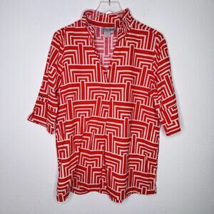 A La Carte Womens Linen Blend Geometric Blouse Size L Red Stand Up Collar Office